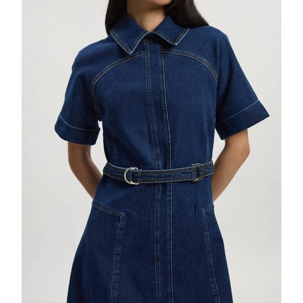 NEW KAREN MILLEN stretch denim tab belt midi dress - petite in mid wash - Picture 3 of 4